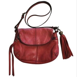 Vintage Lucky Brand Red Leather Crossbody Handbag Studs Tassels Y2K Bohemian